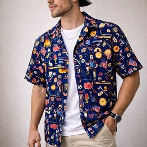 RSVLTS Ron Swanson Parks And Rec BBQ Americana Dadcore Button Front Shirt Medium